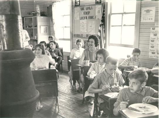 Johnson, Lyndon B. and Ladybird; Ladybird Johnson and children at school