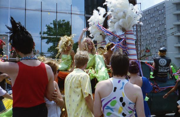 Cafe LMNOP parade truck, Drag mermaids and mermans, parade watchers at the Lexington Fourth of July parade