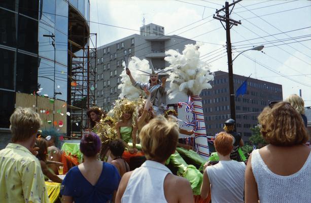 Cafe LMNOP parade truck, Drag Statue of Liberty and Drag mermaids at the Lexington Fourth of July parade