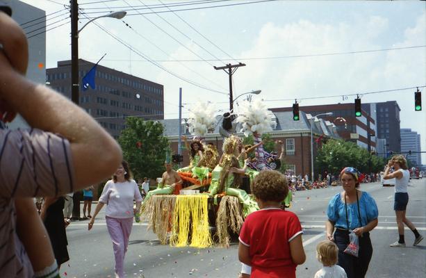 Cafe LMNOP parade truck, Drag mermaids and mermans, parade watchers at the Lexington Fourth of July parade