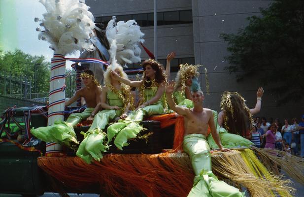 Cafe LMNOP parade truck, Drag mermaids and mermans, parade watchers at the Lexington Fourth of July parade