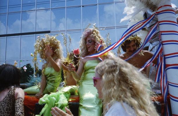 Cafe LMNOP parade truck, Drag mermaids and mermans, parade watchers at the Lexington Fourth of July parade