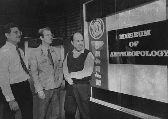 Adams, William Y., Professor of Anthropology and Chair of Department of Anthropology, pictured with Lathel Duffield (left), Associate Professor of Anthropology and Douglas W. Schwarz (center), former Director, University of Kentucky Museum of Anthropology and Director, School of American Research (Santa Fe, N. M.), who returned for lecture and visited the new Museum of Anthropology at Lafferty Hall, photo featured in October 13, 1975 