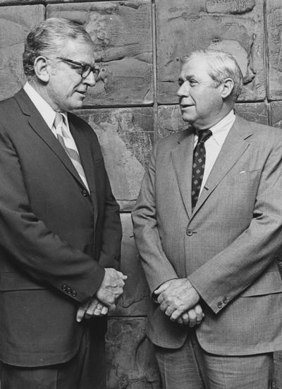 Cooper, Richard, Alumnus, Member, Board of Trustees, 1966 - 1977, Director, University Alumni Association, Director, University Development Council, pictured (right) with University President Otis Singletary