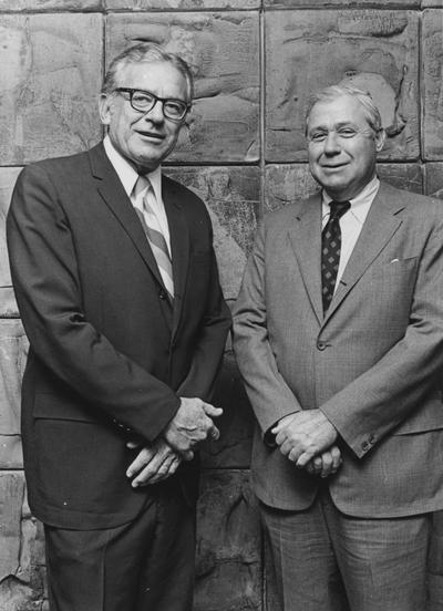 Cooper, Richard, Alumnus, Member, Board of Trustees, 1966 - 1977, Director, University Alumni Association, Director, University Development Council, pictured (right) with University President Otis Singletary