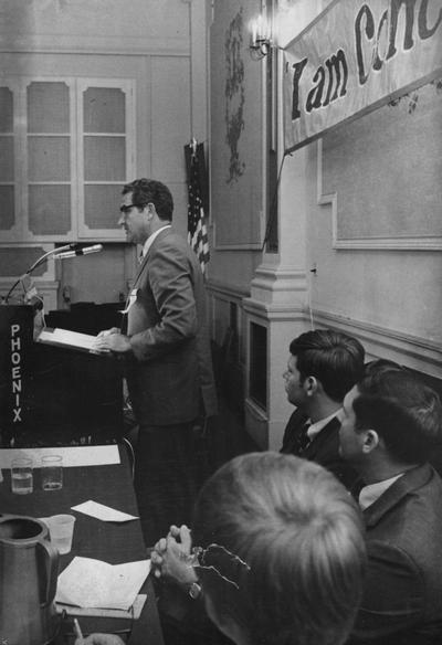 Creech, Glenwood L., Alumnus, B.S., 1941; M.S., 1950, Vice President of University of Kentucky Relations and Professor of Extension Education, Research Specialist in Vocational Education, 1965 - 1973, President of Florida Atlantic University, 1973 - 1983, pictured speaking at podium