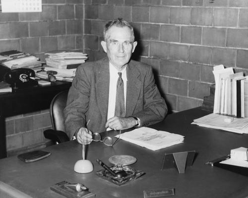 Crouse, Charles S., born 1888, died 1980, Professor and Chair, Department of Mining and Metallurgical Engineering 1918-1958, 1927-1939, Public Relations Department, Photograph featured in 1957 