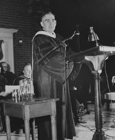 Crabb, Alfred L., Sr., pictured speaking at Summer 1948 Commencement in Memorial Hall Amphitheatre, Photographer: Public Relations Department