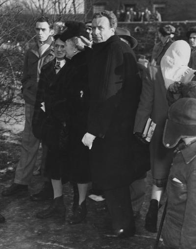 Fowler, Frank, Professor of Theater Arts, Director of Guignol Theater, pictured at Guignol Theater fire, February, 1947, Photographer W. E. Sutherland