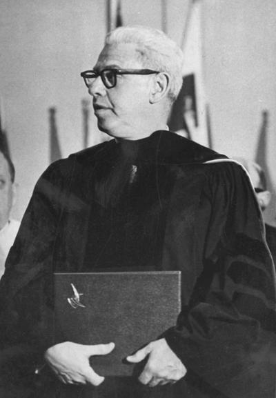 Goldberg, Arthur, United States Ambassador to United Nations, speaking at University of Kentucky on Founders' Day Convocation and receiving honorary degree, February 1966, photographer: Lexington Herald - Leader staff