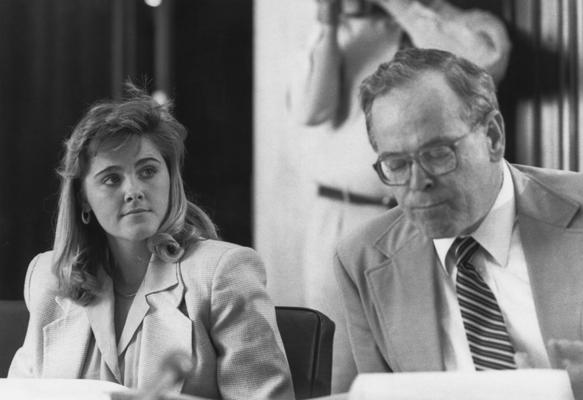 Greenwell, Donna, Alumna,, First female Student Government Association President, pictured at Board of Trustees meeting, pictured with David R. Driscoll