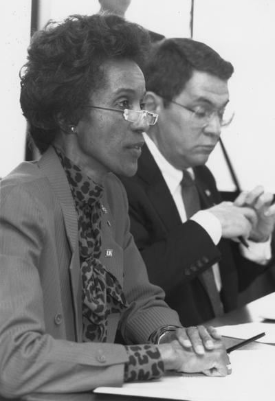 Hayes, Edythe with President David Roselle at Board of Trustees meeting, Ms. Hayes served on the Board 1981 - 1993