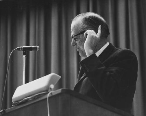 Judd, Walter H., doctor who was United States Congressman representing Minnesota (1943 - 63) pictured speaking at the sixth annual Alumni Seminar