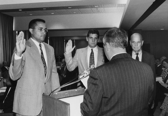 Bates, Ted, Member of Board of Trustees, 1987 - 1992; 1996 - 2001, former President of University of Kentucky National Alumni Association, pictured (right) with inductees to the Board of Trustees