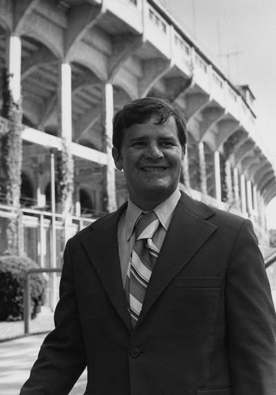 Bell, Thomas, Member of Board of Trustees, 1970 - 1973 ; 1983 - 1986, University of Kentucky Alumnus, pictured in front of Stoll Field