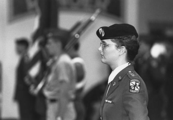 McCombs, Shawnetta, cadet brigade executive officer in the Reserve Officer Training Corps during the 75th Anniversary, ceremonies were held in the Buell Armory, featured in the campus newspaper Communi-K