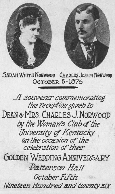 Norwood, Charles J., birth 1853, death 1927, Dean of College of Mining and Metallurgy 1901-1918, pictured on an invitation with Sarah White, souvenir: Golden Wedding Anniversary reception (October 5, 1926)