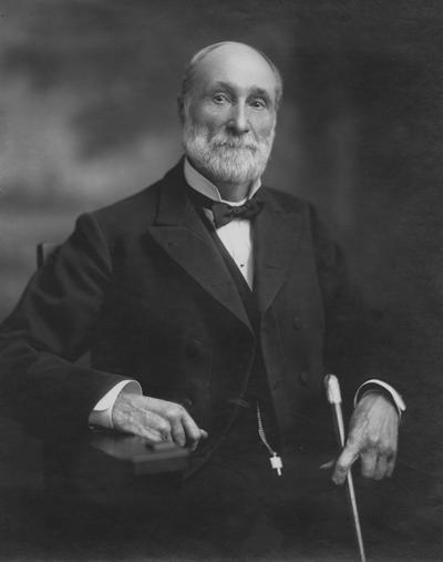 Patterson, James Kennedy, b.1833-d.1922, the first President at the University of Kentucky 1879-1910, and Presiding Officer 1968-1878, pictured seated with walking stick