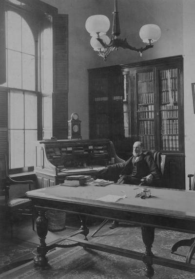 Patterson, James Kennedy, b.1833-d.1922, the first President at the University of Kentucky 1879-1910, and Presiding Officer 1968-1878, pictured in his office in the Administrative Building