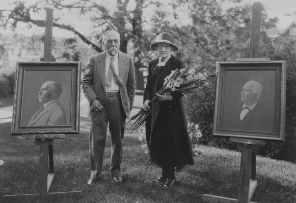 Peter, Alfred Meredith, birth 1857, death 1953, Chemist-Experiment Station 1880-1934, Emeritus Professor of Soil Technology, pictured with his sister at his retirement party, to the left of Dr. Peter is his portrait, and to the right of his sister is his father, Robert Peter