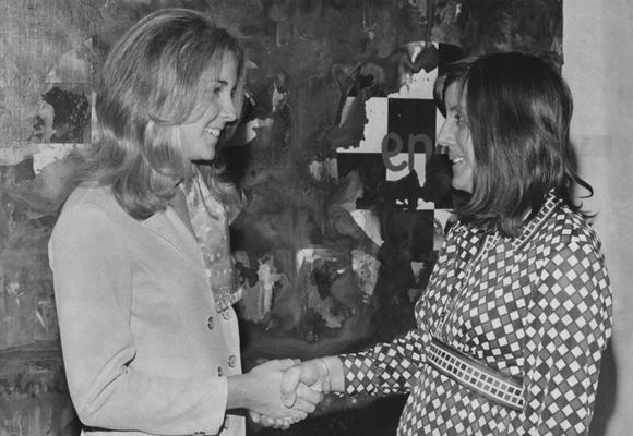 Wilmes, Susan, from Louisville and a junior at the University of Kentucky majoring in Education is congratulated by Miss Deborah Frederick of the Univeristy of Kentucky Art Department, and presenting Miss Wilmes the Cheryl Kelly Haffler Award for excellence in Art Education