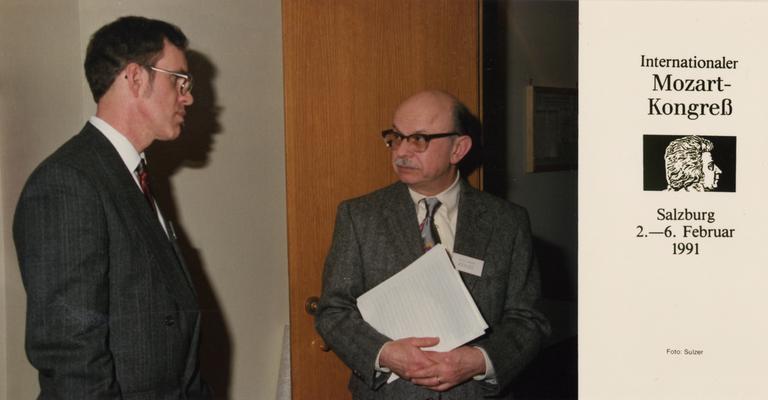 Longyear, Rey M., Musicologist, Professor, School of Music, 1964 - 1994, b. 1930 - d. 1995; pictured, right, with unidentified individual at the Internationaler Mozart-Kongreb in Salzburg, Austria, February 2 - 6, 1991