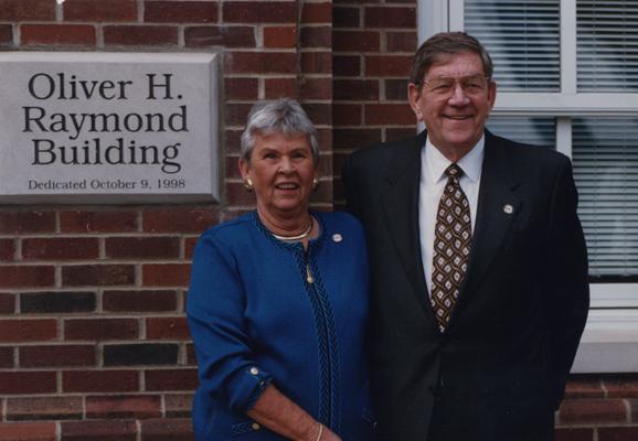 Raymond, Oliver H., College of Engineering alumnus at the dedication of the Oliver H. Raymond Building with his spouse, Anne Hart Raymond, alumna of the College of Commerce / Business and Economics