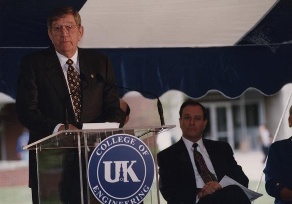 Raymond, Oliver H., College of Engineering alumnus at the dedication of the Oliver H. Raymond Building with President Charles Wethington seated