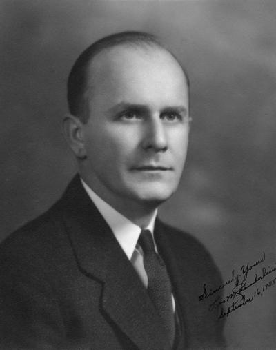 Chamberlain, Leo M., Professor, Education, University Vice President Registrar ?, 1946 - 1961, Vice President, 19 , Portrait signed and dated September 16, 1938, from President Frank McVey's files, 1953