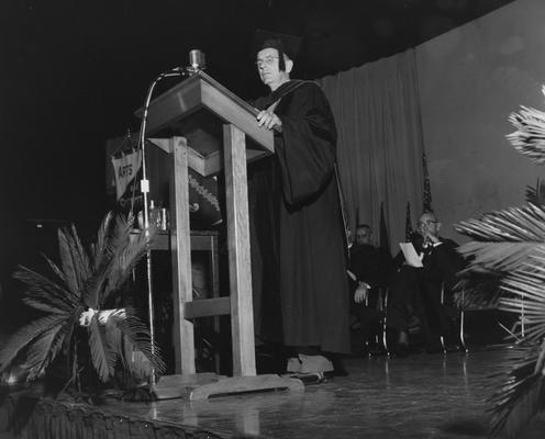 Chamberlain, Leo M., Professor, Education, University Vice President, Addressing graduates at 1958 Commencement Ceremonies