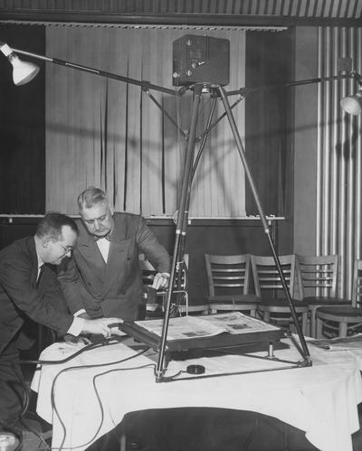 Clark, Thomas D., Alumnus, Master of Arts, 1929, Distinguished Professor, History Department, 1931 - 1968, Noted author and historian, Expert on Kentucky and Southern culture, pictured with unidentified man (left) photographer: Courier - Journal Staff