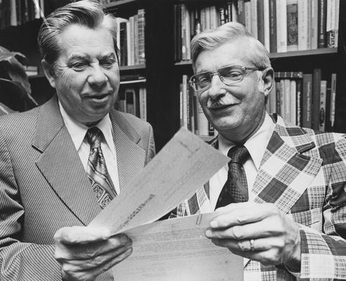 Cochran, Lewis W., Professor, Chemistry Department, Vice President for Academic Affairs, pictured (left) with Omer W. Johnson, Managing Editor of the Kentucky Post and 1962 - 65 Board of Trustees member