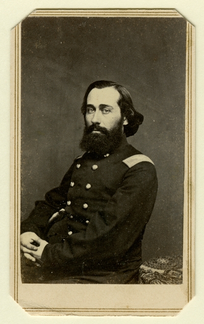 Unidentified man in Union 14-button officer's shell coat; shoulder boards indicate a rank of Colonel; possibly Colonel Ethelbert Ludlow Dudley (1818-1862), U.S.A.; 21st Regiment Kentucky Infantry (Photographer: Webster & Bro., Louisville, KY)