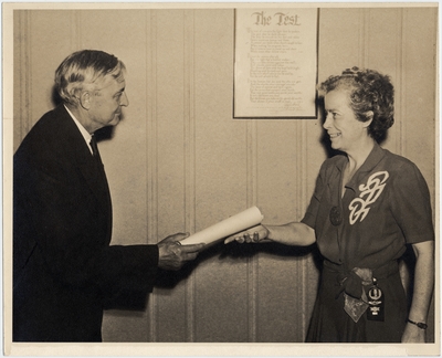 An image of Willis Carrier, founder of Carrier Air Conditioner Corporation and Margaret Ingels when Margaret was receiving an award