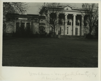 Woodburn Farm of Woodford County, Kentucky, owned by Robert Alexander who began Kentucky's thoroughbred industry ; written on front: 