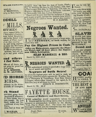 Reproduction of advertisements for the purchase of slaves by slaver dealers Silas Marshall, George S. Marshall, and Joseph H. Northcutt