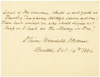 Poem with signature of Oliver Wendell Holmes dated 
