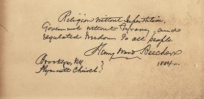 Reproduction of a hand written note with signature from Henry Ward Beecher. 
