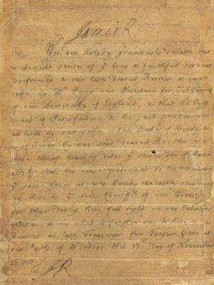 Hand written letter about Samuel Pepys, dated November 17, 1600