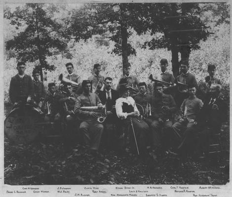 Lexington State College Band; From left to right, Back Row: Charles W. Abrahams, J. R. Johnson, Curtis Wise, Hiram Shaw, Jr., W. R. Hackney, Charles F. Norton, and Albert McMichael; Middle Row: Frank C. Reynolds, Genie Wieman, W. J. Foley, Percy Kendal, Louis H. Mulligan, Nathan A. Newton; Front Row: J. W. Rucker, Marguerite Wuertz, Leonard S. Hughes, and Professor Hermann Trost
