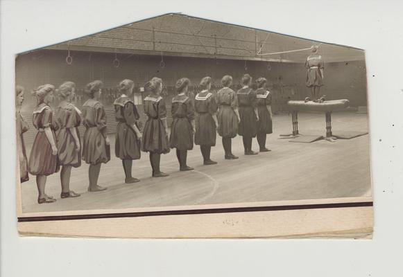 A women's Physical Education class in the gymnasium (which is now called Buell Armory); Includes Nell Wallace (second from left) and Jane Wandless (fourth from left)