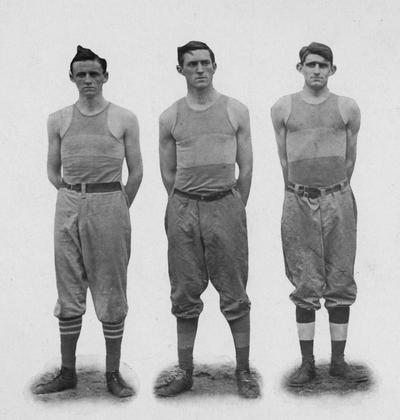 Three basketball players, left to right: Preston, Harrison, Hart; the individual photos are on pages 140-141, in the 1912 Kentuckian