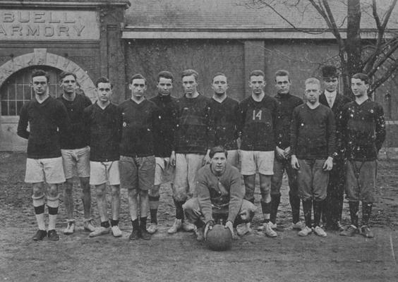 Unidentified members of the sophomore basketball team, in front of Buell Armory; photo appears on page 161 in the 1912 Kentuckian