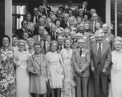 Class members of 1926 attending the 50th Anniversary Reunion Banquet held on May 7, 1976 in the Student Center Ballroom; names of individuals listed on photograph sleeve