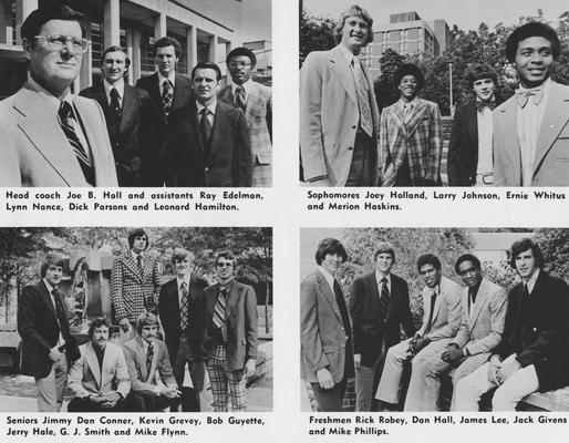 Men's Basketball four-photo collage, 1974-75 season:  1. Coach Joe B. Hall and assistants Roy Edelman, Lynn Nance, Dick Parsons, and Leonard Hamilton; 2. Sophomore players Joey Holland, Larry Johnson, Ernie Whitus, and Merion Haskins; 3. Freshmen players Rick Robey, Dan Hall, James Lee, Jack Givens, and Mike Phillips; 4. Seniors Jimmy Don Conner, Kevin Grevey, Bob Guyette, Jerry Hale, G. J. Smith, and Mike Flynn