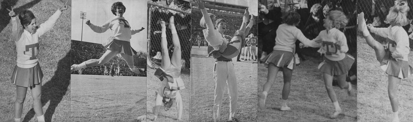 Six prints, taped together, of University of Tennessee cheerleaders during a game at McLean Stadium at Stoll Field; Lexington Herald-Leader staff photo