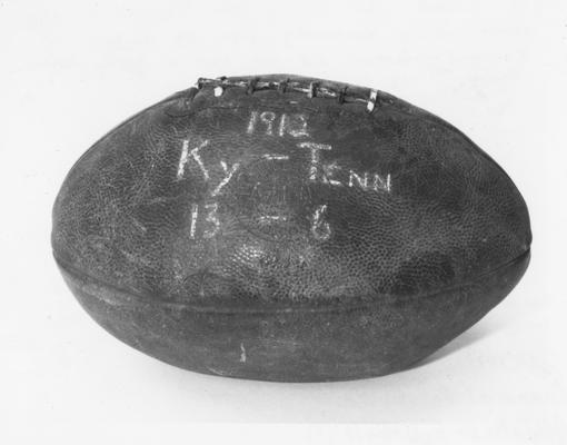 Photo of the football used in the 1912 Tennessee game, which UK won 13-6; from 1902 to 1917, the Kentucky football team did not have a losing season
