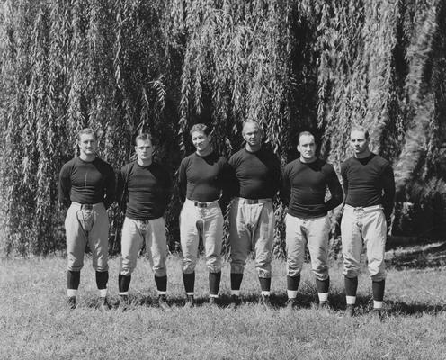 UK football coaching staff, 1931; left to right, Lloyd Ramsey, Frank Moseley, Albert (Ab) Kirwan, Bernie Shively, Gene Myers, and Joe Rupert; photographer:  Lafayette Studios, Lexington