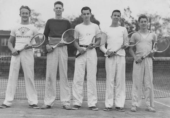 Five members of the UK Tennis team, left to right, Richardson, Cummingham, Ratliff, Smith, and Miller. Photo appears on page 209 in the 1941 Kentuckian
