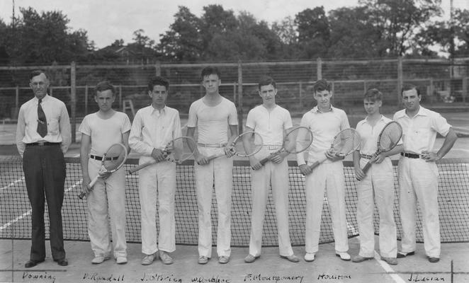 Members of the UK Tennis team, left to right, Coach Downing, D. Randall, J. O'Brien, W. Donohoe, F. Montgomery, Houston, unidentified, and J. Lucien